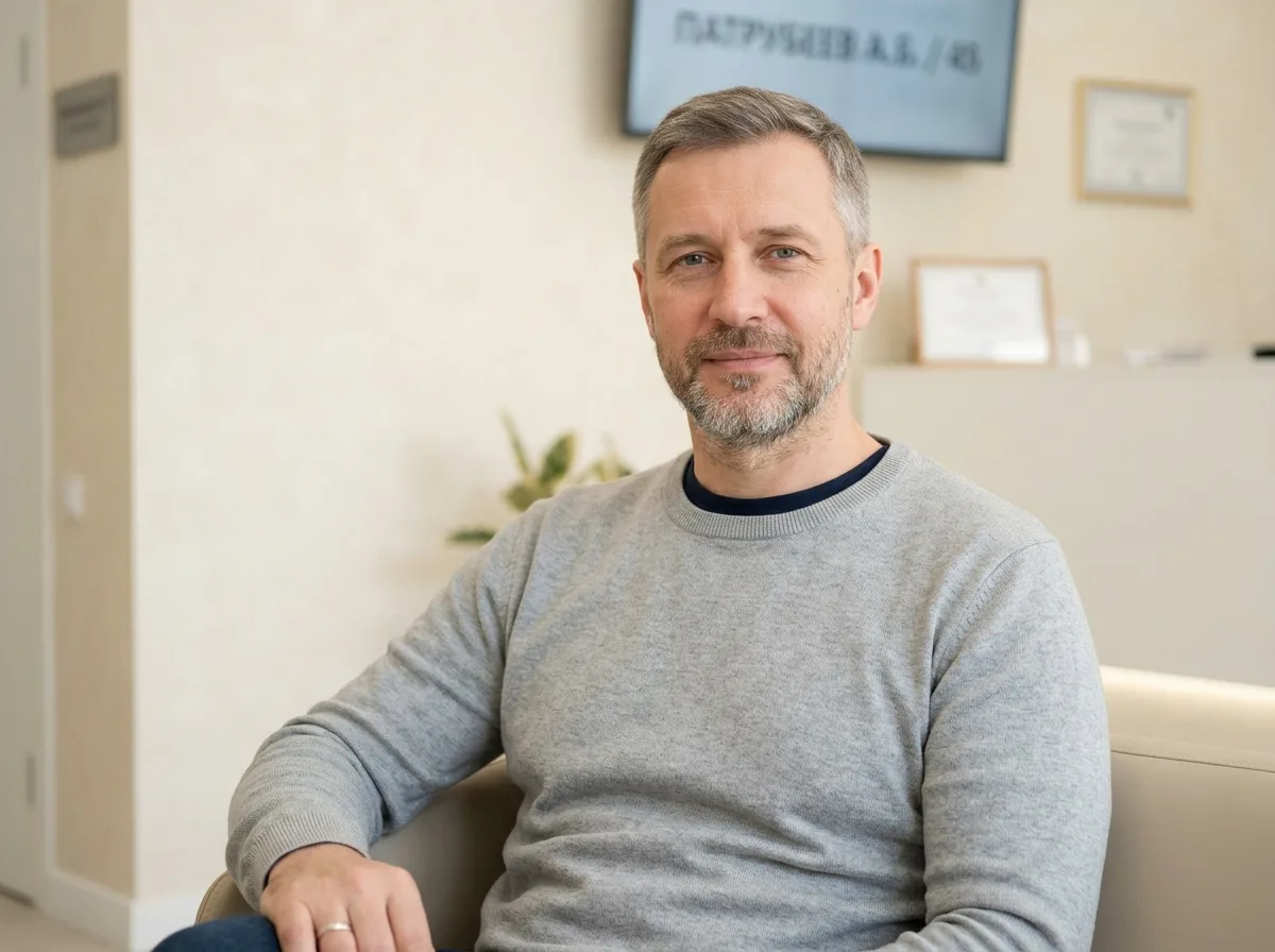 Аватар пациента Андрея Б., мужчина 45 лет, нейтральный портрет, светлый фон